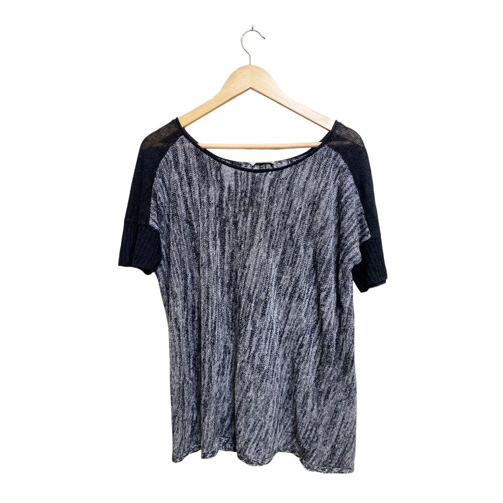 Eileen Fisher Womens Black White Space Dye 100% Linen Knit Short Sleeve Sweater